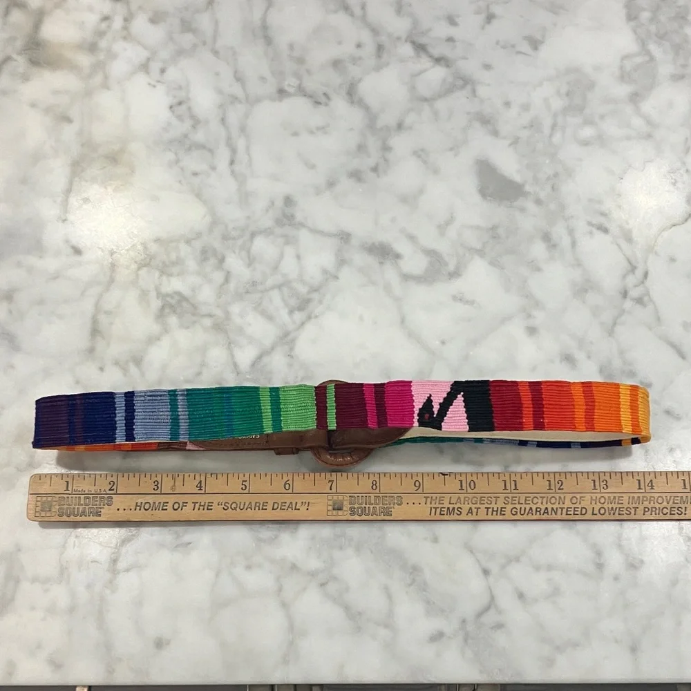Vintage Colorful Striped Belt with Brown leather Buckle adjustable Guatemala OS